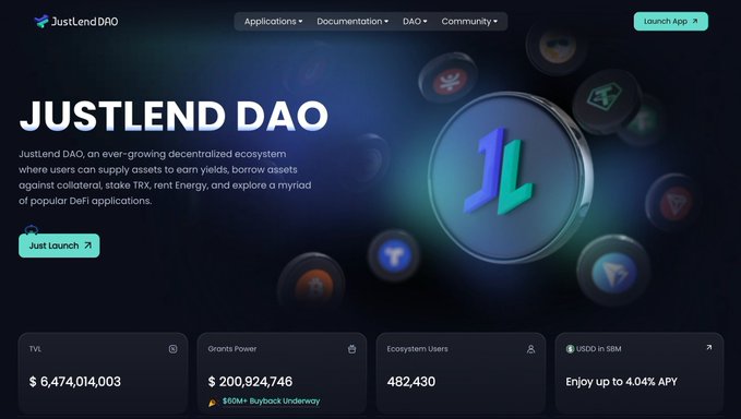 The image shows a screenshot of the JustLend DAO website with various icons representing different aspects of the platform. The main focus of the image is the title "JustLend DAO" displayed at the top, indicating that this is an advertisement for the DAO project. The image also includes text about the importance of user adoption and how it contributes to the success of the DAO ecosystem.