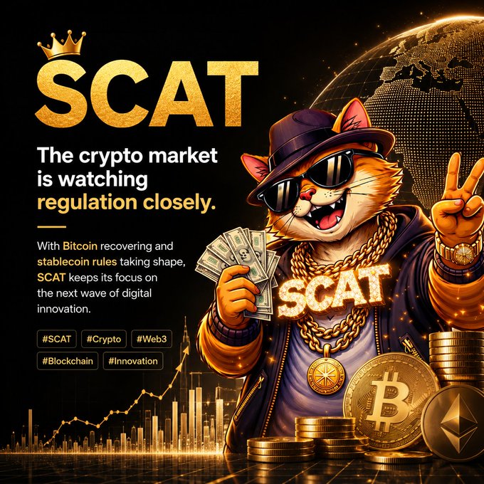 A promotional graphic for 'SCAT' featuring a cartoon orange cat wearing a hat and sunglasses with gold chains, holding cash, alongside text reading 'The crypto market is watching regulation closely' and hashtags #SCAT #Crypto #Web3 #Blockchain #Innovation.