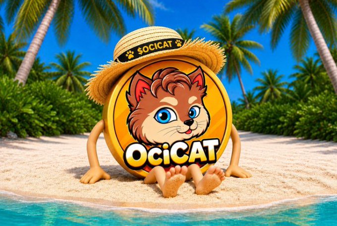 A cartoon-style image of an Ocicat cat character with 'SOCICAT' and paw prints on its straw hat, sitting on a beach between palm trees and ocean.