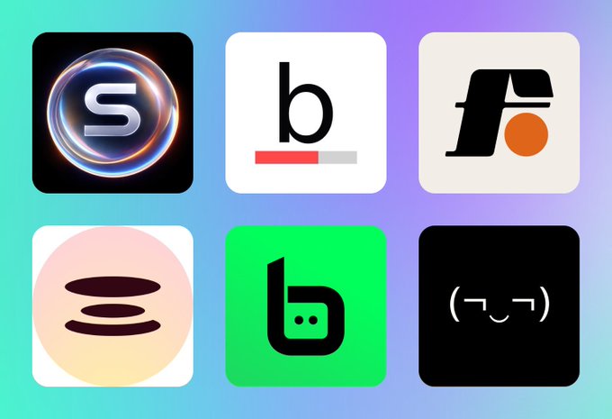 A grid of six app icons including 'S', 'b', and a coffee cup 'fr' logo on a gradient background.