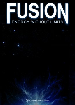 The image is a document cover titled "FUSION: Energy Without Limits," published by the U.S. Department of Energy, featuring a dark cosmic background with blue plasma-like energy radiating from the bottom. It ties to the post referencing the DOE's report on fusion energy, a promising limitless clean power source.