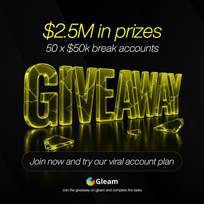 The image features an advertisement for a giveaway contest at Gleam, offering 50x $50K Break Accounts as prizes if participants enter through their social media account. The text encourages users to join now and try our virtual account plan.