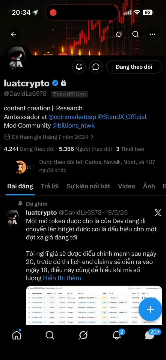 The image shows a social media app with a post that reads, "$BILL đã khiến anh tôi @DavidLe6978 như thế này sao?? - Khoá trang cá nhân - Đổi avatar - Cạo trọc đầu - Nói lời chia tay anh em Thôi ở lại chơi với anh em". The post is about a person named David Le6978, and it appears to be a conversation or discussion on the app.