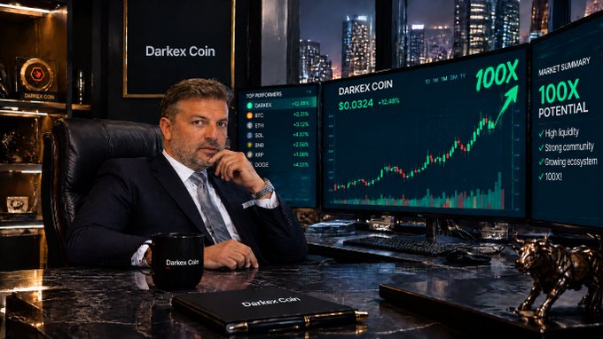 The image shows a man in a suit at a desk branded with "Darkex Coin" merchandise, with monitors displaying the DARXEX COIN ticker at $0.0324, a dramatic "100X POTENTIAL" upward chart, and market data including BNB and OKX among top risers—visually reinforcing the caption's enthusiasm for DarkexCoin's growth alongside BNB and OKX mentions.
