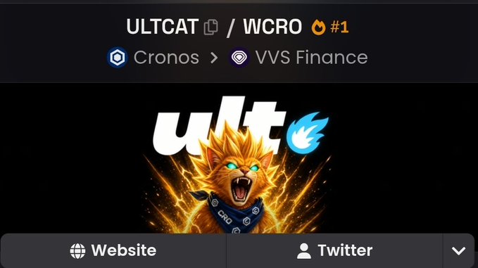 A screenshot from a crypto tracking platform showing the ULTCAT/WCRO trading pair on Cronos and VVS Finance, ranked #1, featuring a fierce fiery cat logo with the Twitter bird logo, and buttons for Website and Twitter.