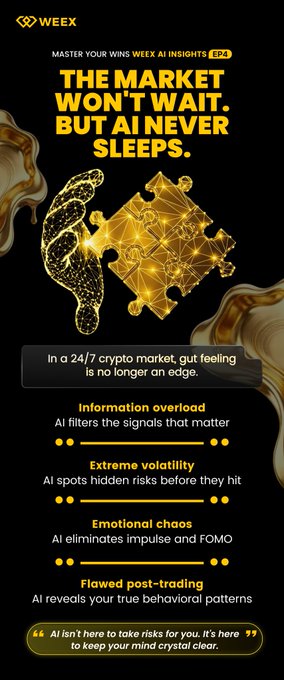 The image features a poster with a gold background, yellow text, and a puzzle piece design. The poster includes a quote from a person that reads "The market won't wait but ... never sleeps." This quote emphasizes the importance of staying vigilant in the crypto market. The poster also contains information about AI and risk management, which are relevant to the topic of cryptocurrency trading.