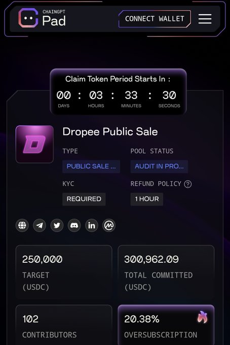 The image shows a cellphone screen with an advertisement for a new cryptocurrency named DROPEE. The display displays a claim of taking place at the beginning of a period that starts on March 3rd, from which a total of oversubscribed users will have access to the pre-TGE listing announcement and a 20% discount code for those interested in buying or selling. A contributor is also mentioned within the advertisement.
