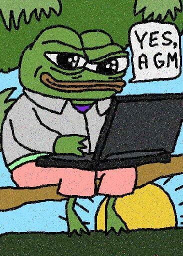 A hand-drawn cartoon of a green frog wearing a gray jacket and glasses, typing on a laptop with a speech bubble saying "YES, A GM" referencing a crypto good morning tweet.