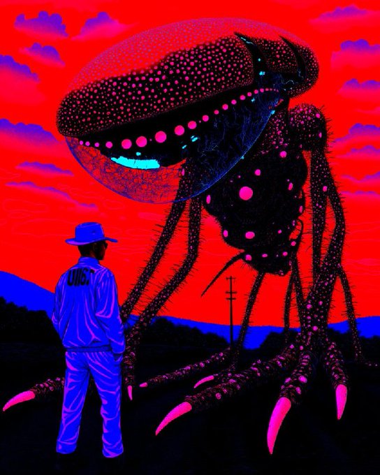 Vibrant digital illustration of a man in a blue UNICORN jacket facing a giant black insect-like creature with pink spots against a red sky.