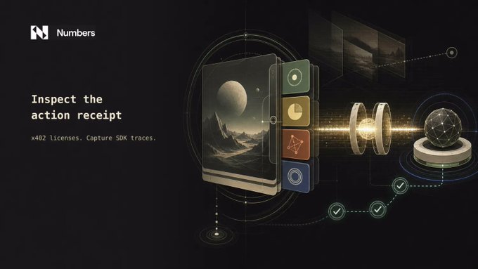 A dark promotional graphic for Numbers protocol reading 'Inspect the action receipt, x402 licenses. Capture SDK traces,' with abstract icons depicting planets, coins, and geometric shapes.
