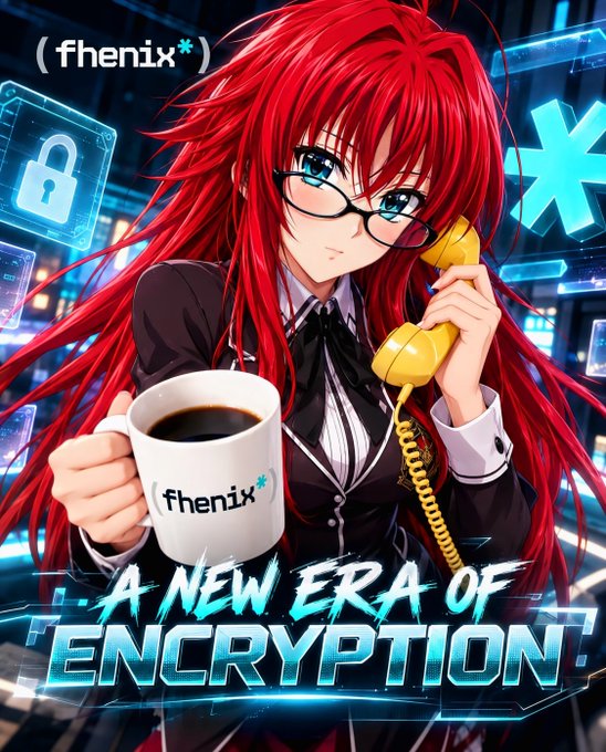 Anime-style promotional artwork for 'fhenix' featuring a red-haired woman with glasses holding a phone and coffee mug, with text reading 'A NEW ERA OF ENCRYPTION'.