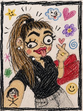 Hand-drawn colored pencil sketch of a girl with a ponytail sticking out her tongue, surrounded by doodles including stars, hearts, flowers, smiley faces, and a small stick figure.
