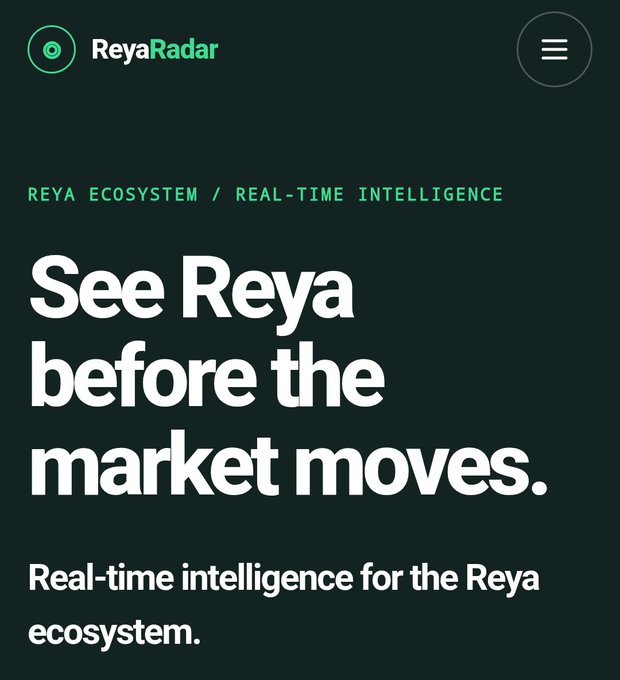 The image shows a dark-themed landing page for **ReyaRadar**, displaying the headline "See Reya before the market moves." with a subtitle describing it as "Real-time intelligence for the Reya ecosystem." This aligns with the post, which introduces a custom-built real-time dashboard for the Reya ecosystem (reyaradar.xyz) and asks for feature suggestions to enhance it.