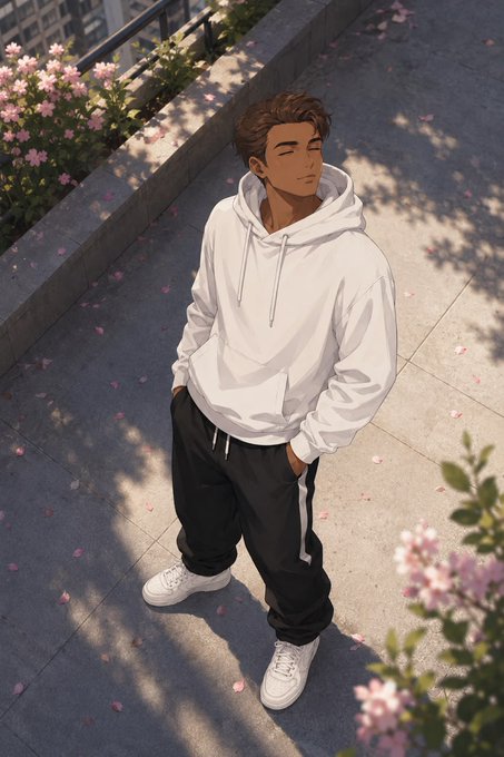 An illustrated character with short brown hair stands on a sunny sidewalk wearing an oversized white hoodie, black sweatpants, and white sneakers.