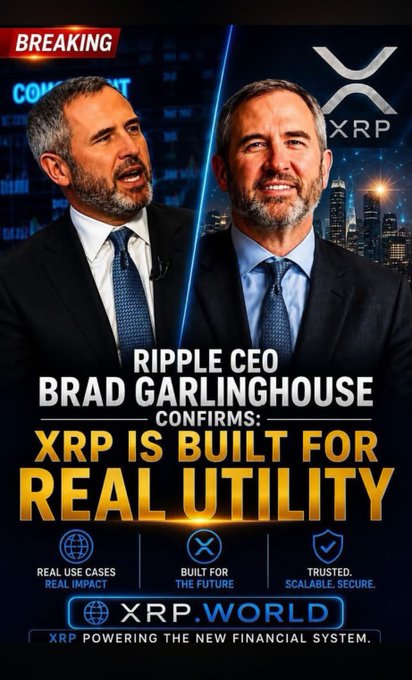 A promotional graphic featuring two images of Ripple CEO Brad Garlinghouse with the headline "BREAKING: Ripple CEO Brad Garlinghouse Confirms: XRP Is Built For Real Utility," alongside the XRP logo and branding for "XRP.WORLD" promoting XRP as powering the new financial system.

The image visually reinforces the post's claim by showing Garlinghouse paired with bullish XRP messaging ("REAL USE CASES," "BUILT FOR THE FUTURE," "TRUSTED. SCALABLE. SECURE."), lending apparent credibility to the assertion that he anticipates a new all-time high for $XRP.
