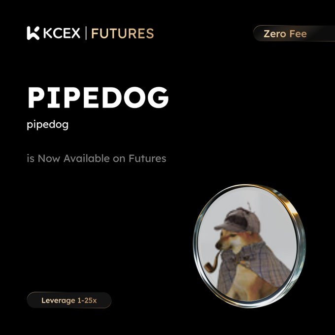 KCEX Futures cryptocurrency exchange advertisement showing 'PIPEDOG' is now available on Futures with Zero Fee and Leverage 1-25x, featuring a dog in detective attire.