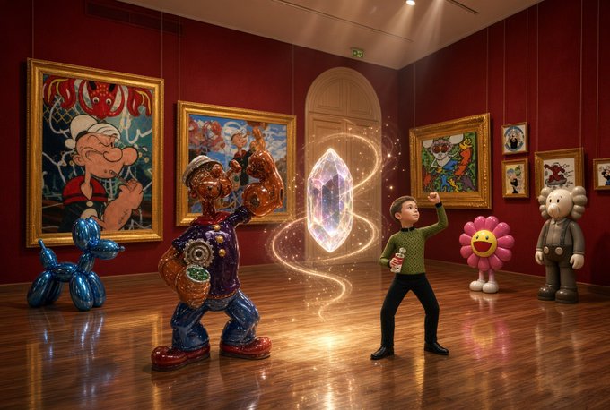 A 3D-rendered art gallery scene featuring cartoon paintings on red walls, with figurines including a Popeye painting, a blue balloon dog, a flower figure, and a person holding a glowing crystal.