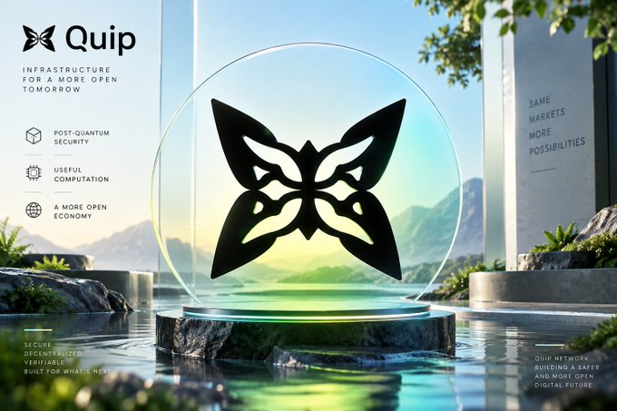 A promotional graphic for a cryptocurrency project named 'Quip,' featuring a black butterfly-like logo on a glowing platform. The text highlights features like 'POST-QUANTUM SECURITY,' 'USEFUL COMPUTATION,' and 'A MORE OPEN ECONOMY.'