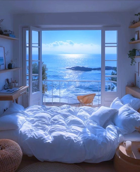 A bright bedroom with white rumpled bedding opens through large windows to a stunning ocean view with a chair on the balcony.