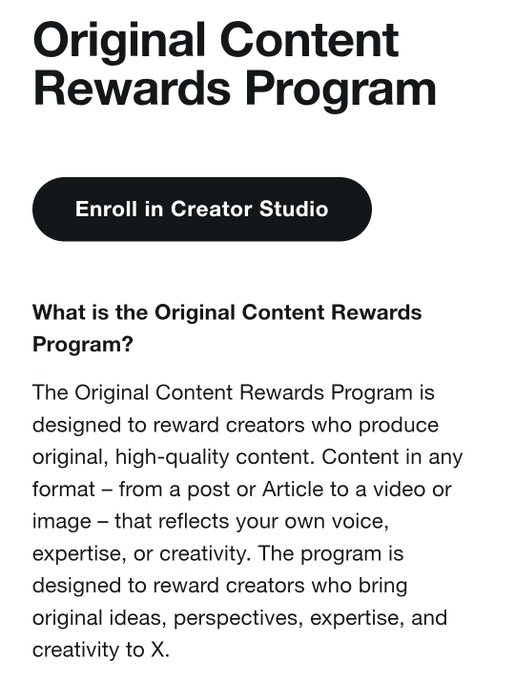 A promotional graphic for X's 'Original Content Rewards Program' features an 'Enroll in Creator Studio' button and explains the program rewards creators for producing original, high-quality content.