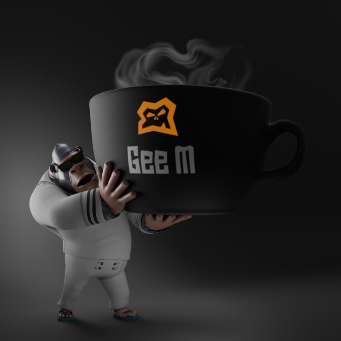 A 3D-rendered character wearing sunglasses and flip-flops holding up a giant black coffee mug with steam rising from it, labeled "Gee m" with an orange logo.