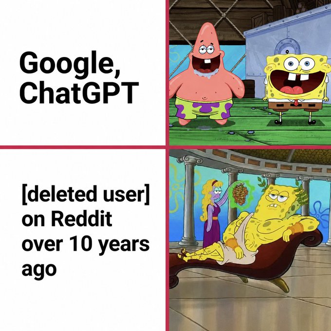 The image features a collage of three different images, all related to the topic of Google ChatGPT and social media. In one section, there are two Spongebob Squarepants characters sitting next to each other on a chair, smiling for the camera. Another image includes an adult Spongebob Squarepants character holding a pizza in his hand while wearing a ring and a necklace around his neck. The third image is a close-up of an adult Spongebob Squarepants character with a red circle on his chest, who appears to be in conversation or looking at the camera.