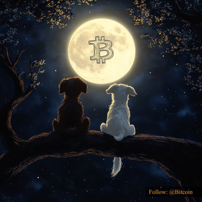 Two dogs—a dark one and a white one—sit peacefully on a tree branch, gazing up at a glowing full moon emblazoned with the Bitcoin "₿" symbol, evoking a sense of wonder and anticipation that mirrors the soaring $81,979.48 Bitcoin price. The whimsical illustration captures the awe and curiosity of witnessing Bitcoin's historic milestone.