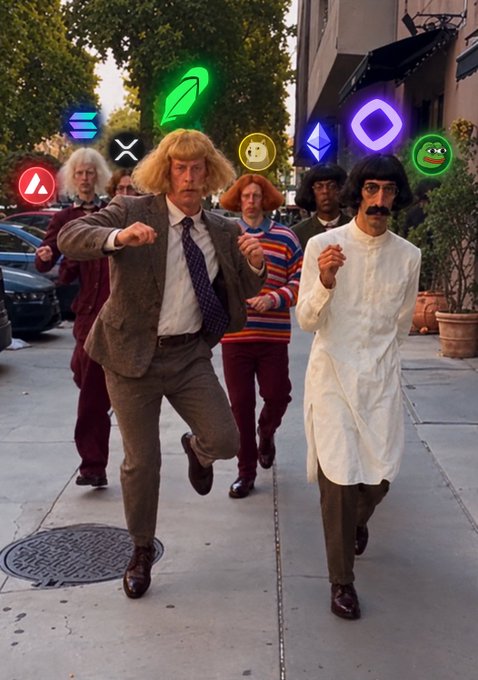 A group of men in 1970s-style attire, including a man in a suit and another in white traditional clothing, walk down a city sidewalk surrounded by floating cryptocurrency logos like Ethereum, Solana, and Bitcoin.