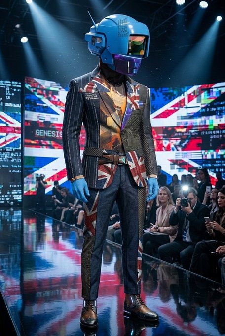 A fashion runway model wears a futuristic blue robotic helmet and a suit featuring a Union Jack design, walking on a reflective catwalk with "GENESIS" displayed on the background screens.