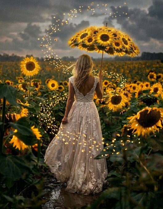 A woman in an elegant lace gown stands in a sunflower field holding a sunflower umbrella, with magical golden lights swirling around her under a dramatic cloudy sky.