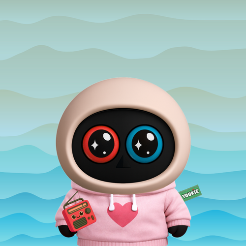 An illustration of a cute character wearing a pink hoodie with a heart design and holding a pink radio, featuring mismatched red and blue eyes against a blue wavy background.