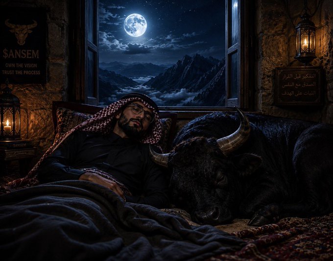 A man wearing a keffiyeh rests against a large black bull with golden horns, sleeping beside a window showing a full moon over mountains. A poster reads 'SANSEM OWN THE VISION TRUST THE PROCESS,' and Arabic text is visible on a framed sign.