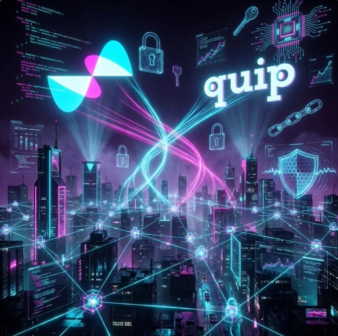 A futuristic, neon-lit digital cityscape with the word 'quip' prominently displayed, surrounded by technology icons like padlocks, keys, shields, and network nodes.