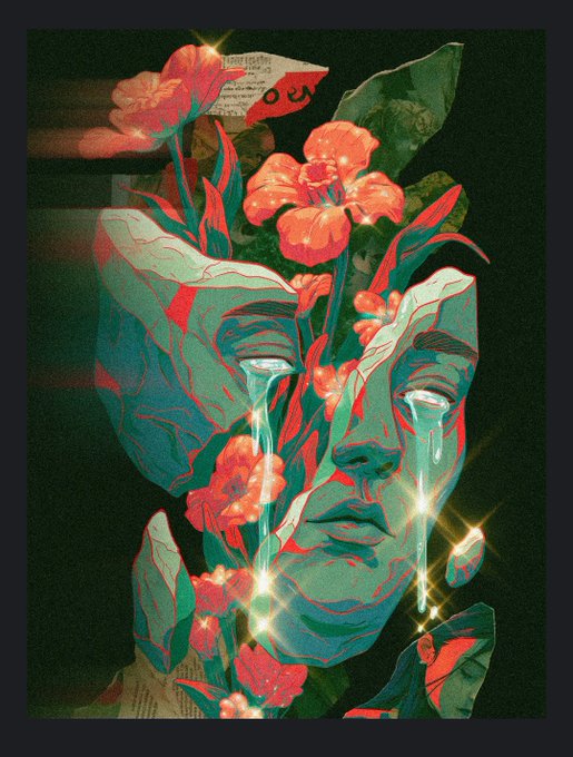 A stylized digital artwork of a crying face surrounded by red flowers with glowing sparkles against a dark background.