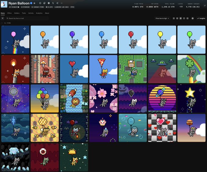 The image shows a collection gallery from "Nyan Balloon" on OpenSea, displaying 31 (36 shown) colorful pixel-art Nyan Cat balloon variations by artist @PRguitarman, with the current trade offering (mushroom, snowy, starry, and birthday) highlighted in their respective tiles at the bottom rows.