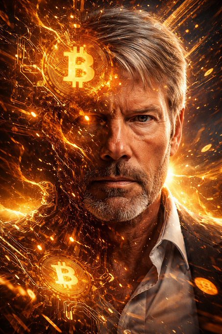 The image features a close-up portrait of an older man with grey hair who has been bought by Michael Saylor for a substantial amount of money, worth $98 million. He's wearing a suit and tie, giving him a professional appearance. The background is a swirling mix of colors, including some shades of yellow and orange, creating a surreal atmosphere that complements the intensity of the man in focus. This artwork seems to be an advertisement for Bitcoin or related cryptocurrency, as indicated by the reference to "THE TOP RATING".