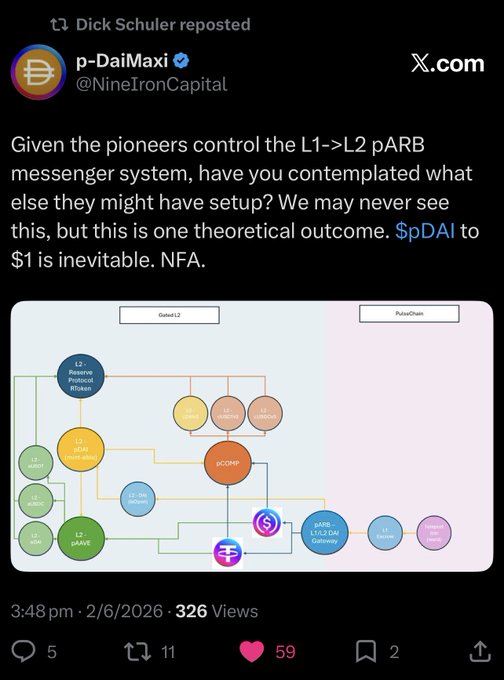 The image features a Twitter post related to the game 'Puzzle Chain'. It has a caption that reads, "What will be revealed on pulsechain layer 2? pDAI is looking really interesting here". The post includes a visual representation of a map or flowchart in colors and shapes, which is likely to provide insight into how the game works. The post also mentions a tweet from someone named 'DICK SCHULER', possibly discussing their thoughts about the mystery behind the game. This information seems relevant as it gives an understanding of the context surrounding this social media post.