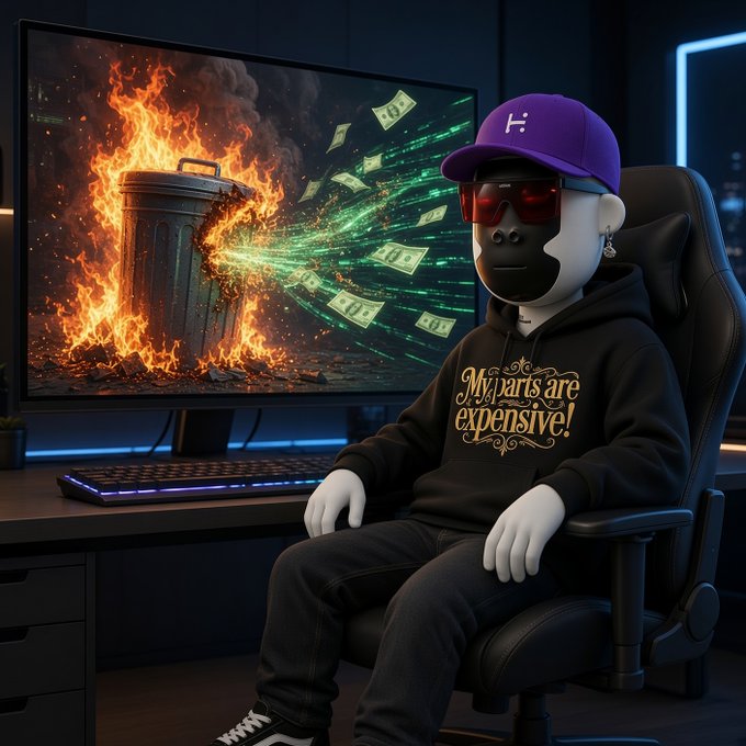 A digitally created scene shows a figure wearing a purple cap, dark sunglasses, and a black hoodie reading 'My parts are expensive!' sitting in a gaming chair in front of a monitor displaying a burning trash can blowing out green money.