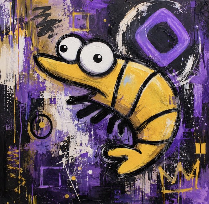 A vibrant graffiti-style painting features a cartoonish yellow shrimp character with wide, expressive eyes set against an abstract purple, black, and gold splattered background, including a stylized "M" symbol in the upper right. The artwork aligns with the post's message by visually representing the playful, creative spirit of the "Shramp" mascot while symbolizing the artistic and forward-moving energy of the Monad blockchain ecosystem.