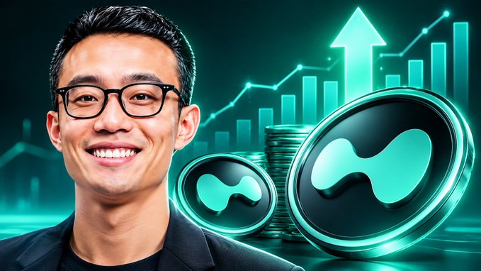 A smiling man wearing glasses stands in front of a green background featuring cryptocurrency-themed graphics including rising bars, an upward arrow, and circular tokens with a wave-like symbol.