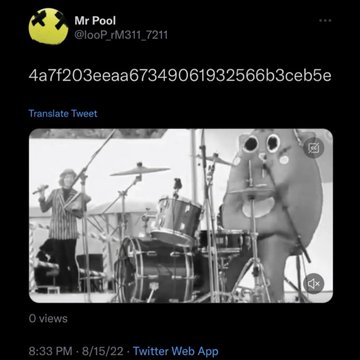 A tweet from "Mr Pool" (@looP_rM311_7211) posted at 8:33 PM on 8/15/2022 displays a hexadecimal string "4a71f203eeaa67349061932566b3ceb5e" above a black-and-white image of a person playing drums with a cartoonish eye-covered character. The accompanying context suggests this is a cryptic "impending" XRP-related message tied to the dates 8/15 and 8/6, implying a final opportunity to use a Paycheck for more XRP.