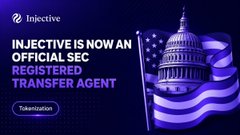 A promotional graphic for Injective announcing 'INJECTIVE IS NOW AN OFFICIAL SEC REGISTERED TRANSFER AGENT,' featuring a stylized American flag and the U.S. Capitol dome.