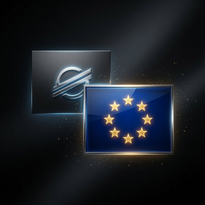 The image features the Stellar (XLM) logo alongside the European Union flag, visually representing the post's theme of Europe advancing toward on-chain payroll through a new blockchain pilot led by AllUnity and Zebec, highlighting the intersection of Stellar's technology with EU financial infrastructure.