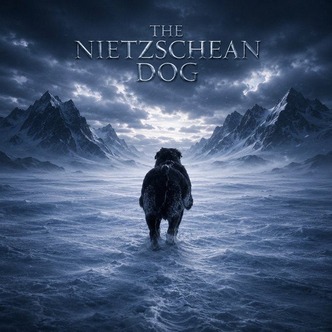 A dark, atmospheric poster titled "THE NIETZSCHEAN DOG" showing a black dog walking through a frozen, icy landscape toward distant snow-capped mountains under a stormy sky.