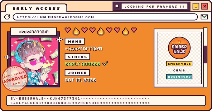 An early access approval card for the Embervale NFT project, showing a pixel-art character profile with username "kuk47871841," joined Oct 10, 2023, on the Robinhood chain.