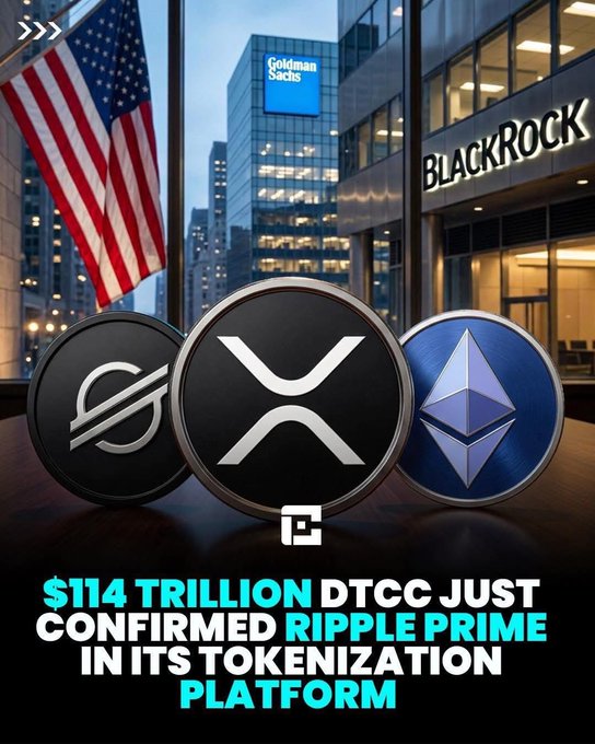 The image shows three coins placed on top of a wooden table with an American flag behind them. The text above the coins reads "BREAKING: RIPPLE JUST TOOK Its SEAT AT THE MOST IMPORTANTTABLE IN FINANCE The DTCC confirmed Ripple Prime as a named participant in its tokenization working group alongside BlackRock, Goldman Sachs, JPMorgan, Morgan Stanley, Citadel, Charles Schwab, Bank of America, Nasdaq," which indicates that the coins are related to cryptocurrency and have been confirmed by the DTCC.
