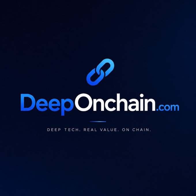 Logo for DeepOnchain.com with the tagline 'DEEP TECH. REAL VALUE. ON CHAIN.' on a dark blue background.