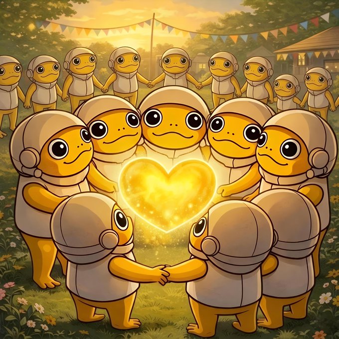 The image features a group of cartoon characters wearing white hats standing around each other with their arms wrapped around one another's shoulders, forming a circle. The heart-shaped light shining brightly at the center of the circle symbolizes unity and love within the community depicted in the illustration. The post that accompanies this artwork is titled "Surrounding our community with $TURBO love and protection. We stand together, keeping the heart of our vision safe and strong #CryptoCommunity".