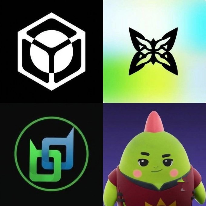 A four-panel image showing various logos: a white hexagonal logo on black, a black butterfly emblem on a green gradient, a green and blue interlocking shapes logo in a circle, and a cartoon green character with a pink horn.