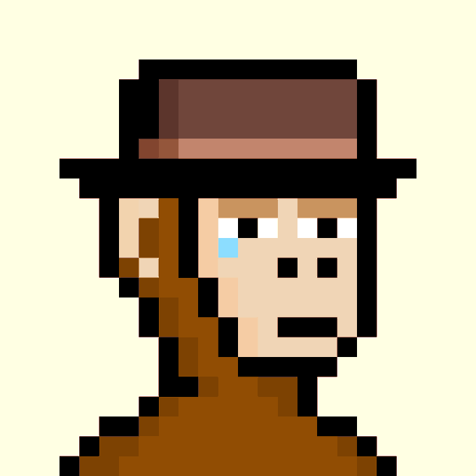 A pixel art portrait of a monkey character wearing a brown hat and sporting a single tear under its left eye. The artwork visually represents the "Monkes in Tears" NFT collection mentioned in the post, depicting one of the rare monkey characters from the Internet Monkes collection that the author owns and is offering for sale.